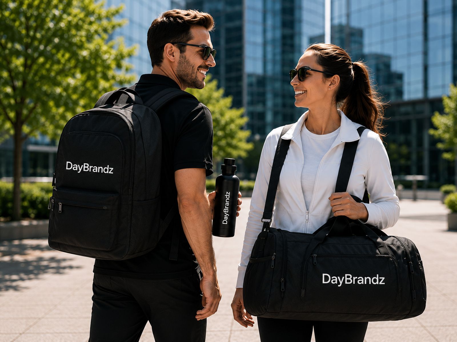 Branded backpack, bottle and duffel in use