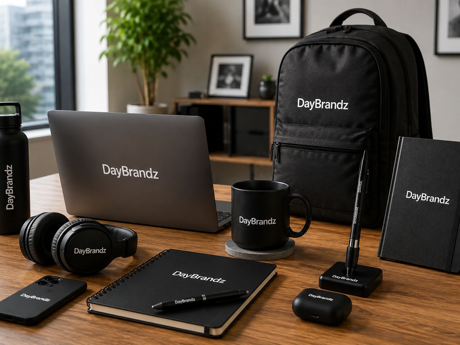 Professional workspace with branded merchandise